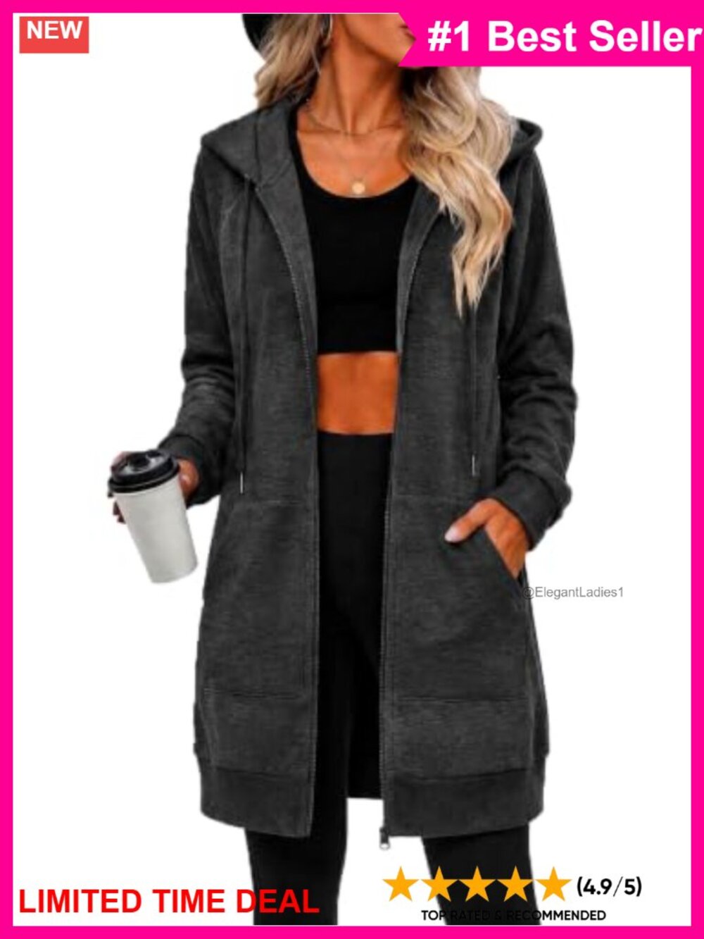 Women's Oversized Fleece Zip Up Hoodie Long Tunic Sweatshirt Pockets